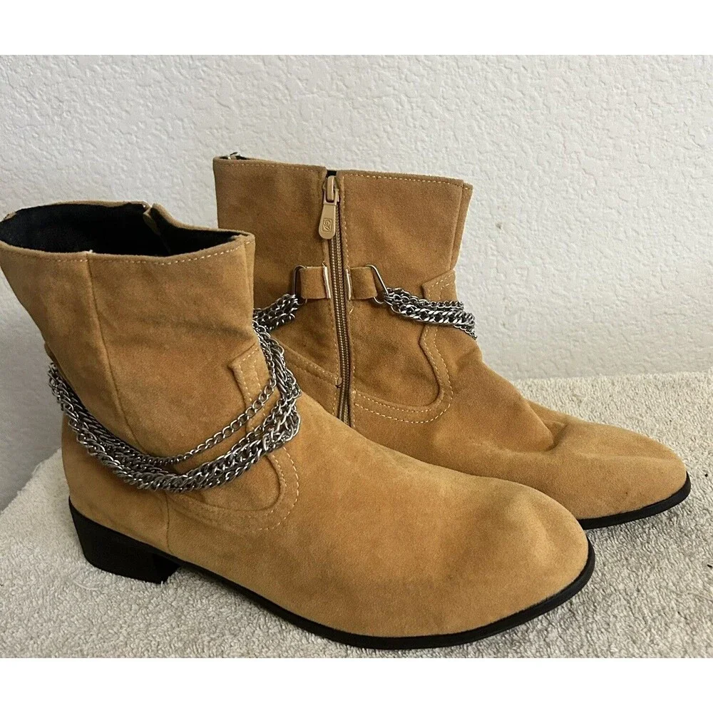 Black and Street Handmade Men's 44 US 10 Wedge Leather Silver Chain Tassel Boots